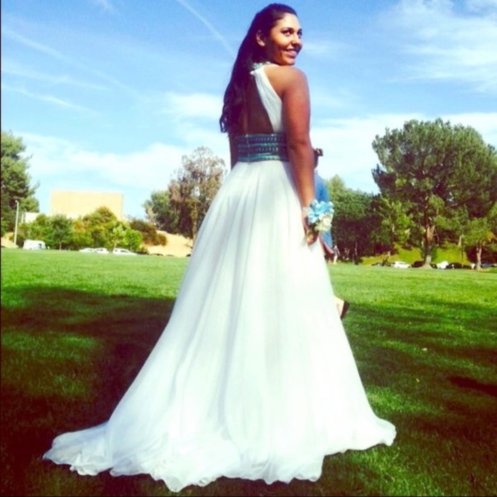 Sherri Hill Turquoise Beaded White Halter Dress